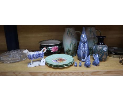 A quantity of Denby jugs, a Denby water bottle by Gilbert, a Doulton vase, a Victorian cow creamer and Shelley plates etc