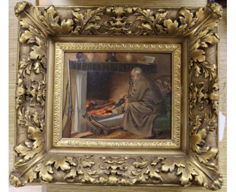 19th century English School, oil on panel, Huntsman at a fireplace 14 x 18cm