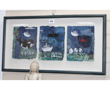 Sara Wicks, mixed media triptych, Coast with killer whale, each panel 25 x 20cm