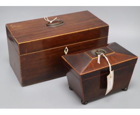 A 19th century mahogany tea caddy with two-division interior and glass bowl and a small sarcophagus tea caddy (faults) larges