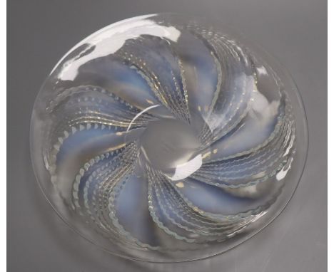 A Lalique 'Fleurons' pattern opalescent moulded glass shallow bowl, stencilled 'R. LALIQUE FRANCE' to base, Dia 25cm