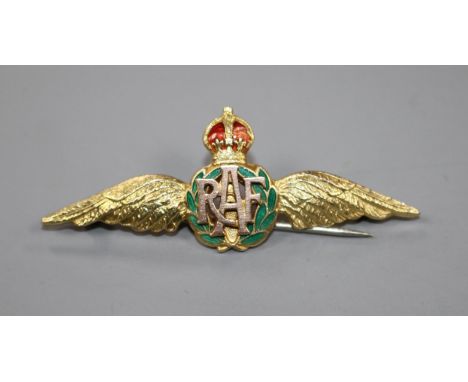 A 9ct and two colour enamel RAF sweethearts brooch, 54mm.