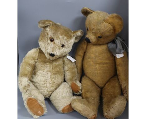 A large Chad Valley bear, 28in., in dirty condition, hair loss, generally damage to pads, and a Chiltern Hugmee 1950's bear, 