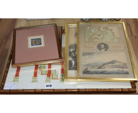 Various prints including a map of the Island of Elba with portrait of Bonaparte, 34 x 21.5cm