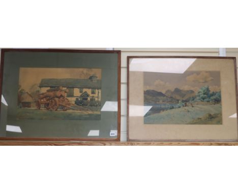 Alfred Heaton Cooper (1863-1929), watercolour, Timber wagon before a cottage, signed, 32 x 50cm and a Bernard R. Walker, wate
