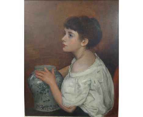 Emily Rose Stanton (1838-1908) signed oil on board, dated 190, portrait of young lady in white blouse holding a Chinese vase,
