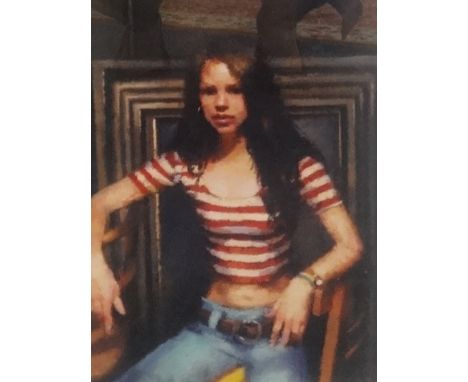 Robert Lenkiewicz (1941-2002), print of a photograph of painting of girls seated in striped top, 35cm x 25cm.
