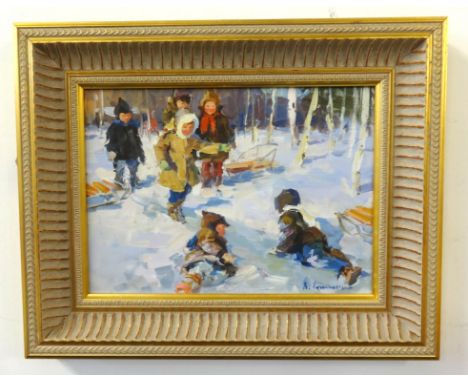 Russian School, B.Eqrun..,? signed oil on canvas, 'Children Playing in the Snow', 23cm x 31cm.