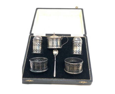 Vintage boxed hallmarked 6 piece silver cruet set &amp; napkin rings birmingham silver hallmarks