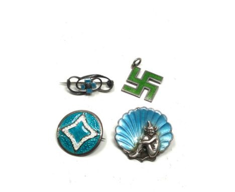 4 X Antique Sterling Silver Enamel Jewellery Including Brooches, Pendant, Charles Horner (13g)
