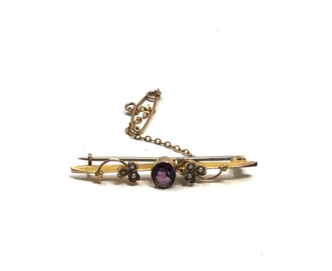 9ct Gold Antique Amethyst &amp; Seed Pearl Bar Brooch (1.4g)