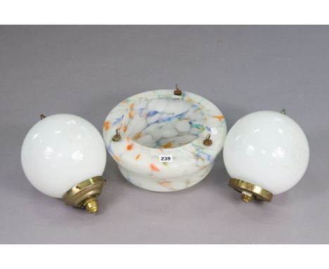 A mottled glass ceiling light shade, 12” diameter; &amp; a pair of white opaque globular ceiling light shades, 7” diameter. 