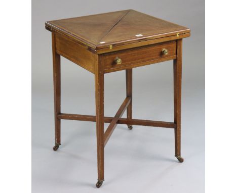 A 19th century inlaid-mahogany square envelope-top card table inset green baize, fitted frieze drawer, &amp; on four square t