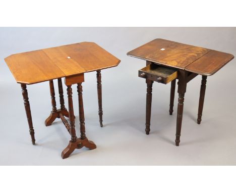 A 19th century mahogany drop-leaf work table on four ring-turned legs (slight faults), 18” wide x 26” high; a mahogany Suther