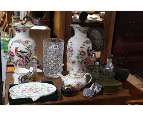 Five decorative pictures; a carved hardwood stationery rack; an anglepoise-type lamp; various decorative ornaments, etc. part