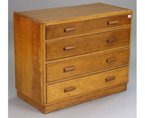 A light oak chest fitted four long graduated drawers with block handles, &amp; on a plinth base, 36” wide x 29½” high x 18” d