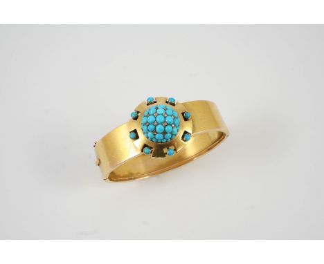 A VICTORIAN GOLD, DIAMOND AND TURQUOISE HALF HINGED BANGLE set to one side with a cluster of turquoise cabochons and rose-cut
