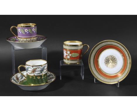 SET OF ELEVEN SEVRES STYLE COFFEE CANS AND TWELVE SAUCERS, 19th century, Empire style, each with a different style of painted