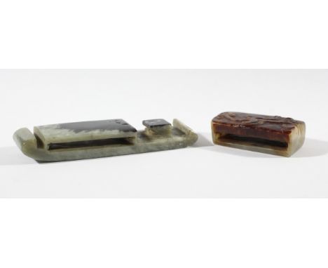 CHINESE BROWN JADE SWORD MOUNT, archaistic style, carved with a chilong, length 4.5cm; together with a mottled celadon jade b