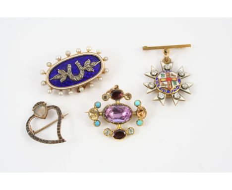 A VICTORIAN ENAMEL AND DIAMOND MOURNING BROOCH of oval shape, the royal blue guilloche enamel centre mounted with a rose-cut 