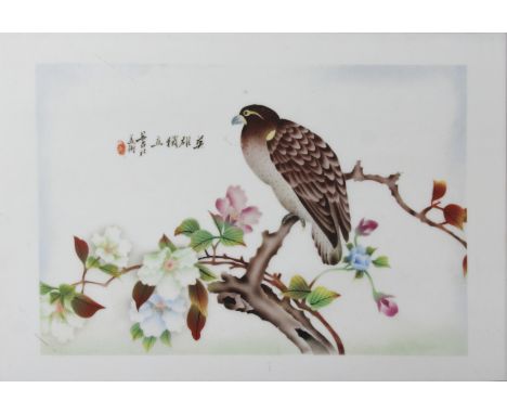 SET OF FOUR CHINESE PORCELAIN PLAQUES, probably Republic Period, painted with various birds in flowering branches, with black