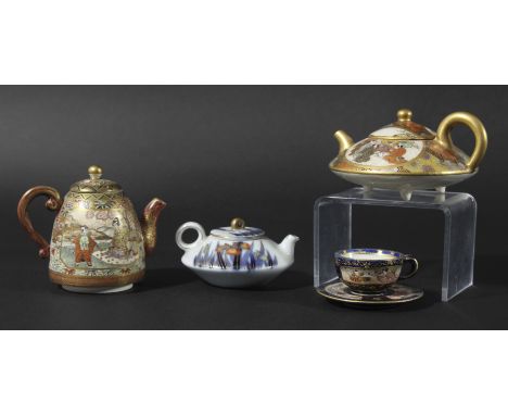 JAPANESE MINIATURE SATSUMA TEAPOT AND COVER, of domed form, with two figural scenes, signature to base, height 7cm; together 