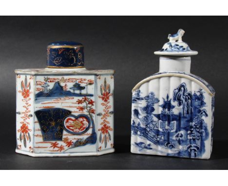 CHINESE IMARI TEA CADDY, later 18th century, of elongated octagonal form, length 11.5cm; together with another of reeded, arc