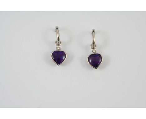 A PAIR OF AMETHYST AND DIAMOND DROP EARRINGS each earring is set with a heart-shaped cabochon amethyst drop suspended from a 