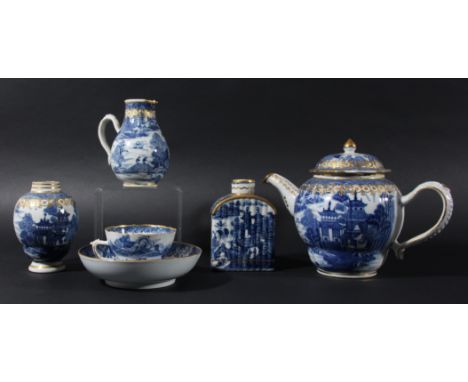 CHINESE EXPORT BLUE AND WHITE PART SERVICE, late 18th century, painted with a Willow type landscape with figures on a bridge,