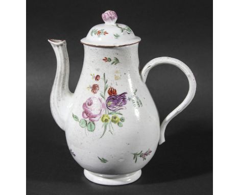 BRISTOL PORCELAIN HOT WATER OR COFFEE POT AND COVER, circa 1770-80, of baluster form painted with rose and tulip sprays benea