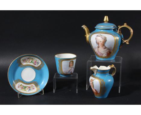 SEVRES STYLE BREAKFAST SET, mid 19th century, painted with portraits on a bleu celeste ground, interlinked Ls mark, height of