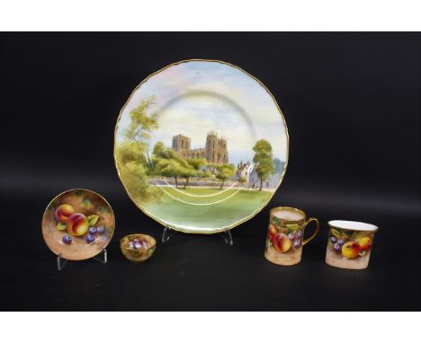 ROYAL WORCESTER SIGNED ITEMS including a small cabinet cup and saucer, jug, and small vase, each hand painted with fruit and 