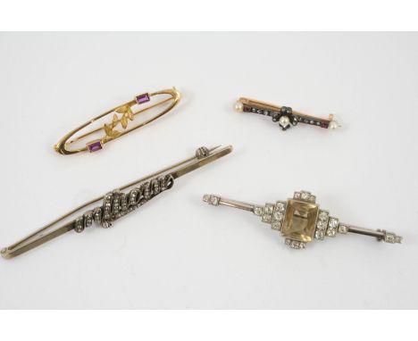 A CITRINE AND DIAMOND BROOCH the rectangular-shaped citrine is set within a surround of circular-cut diamonds, 6cm long, a ro