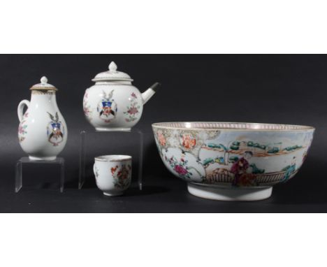 COLLECTION OF CHINESE EXPORT PORCELAIN, late 18th century and later, comprising an armorial teapot &amp; cover and sparrow be