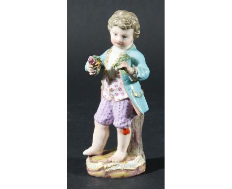 MEISSEN FIGURE OF A BOY, 19th century, standing holding posies of flowers, height 13cm; together with a pair of Sitzendorf fo