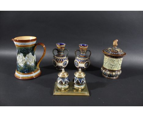 DOULTON INKSTAND a Doulton pottery and brass inkstand, with a weighted brass base. Also with a Doulton Lambeth tobacco jar wi