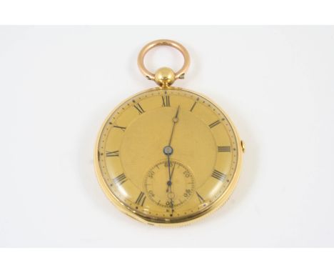 A GOLD QUARTER REPEATING OPEN FACED POCKET WATCH the gold coloured dial with Roman numerals, subsidiary seconds dial and engi