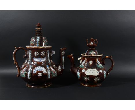 COLLECTION OF SIX BARGEWARE TEAPOTS AND COVERS, the largest inscribed 'A Present to Henery Wood 1876' with a pagoda finial, h