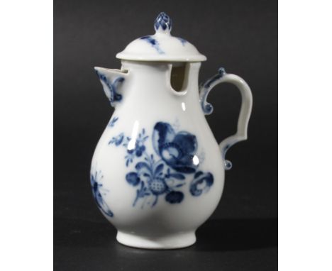MEISSEN CHOCOLATE POT AND COVER, circa 1750-60, blue painted with floral sprays beneath a scrolling handle and cover with pin
