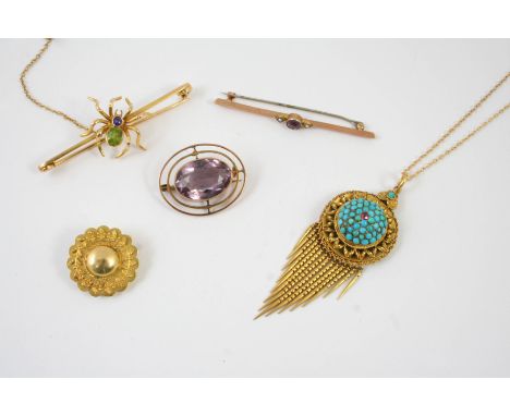A VICTORIAN TURQUOISE AND GOLD PENDANT mounted overall with turquoise cabochons in gold ornate mount, on a fine link neckchai