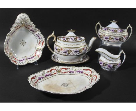 SPODE TEA SERVICE, circa 1820, pattern number 889, painted and gilt floral decoration, comprising teapot, cover &amp; stand, 