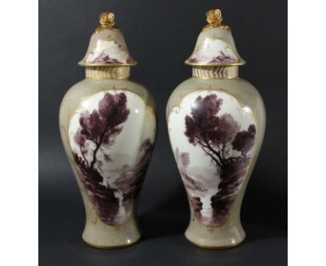 PAIR OF ROYAL WORCESTER VASES AND COVERS, circa 1910, signed Sedgley, painted in puce with river landscapes in gilt cartouche