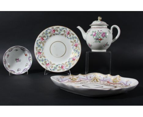 WORCESTER TEAPOT AND COVER, circa 1780, painted with floral sprays, length 19.5cm; together with a pair of Derby plates paint