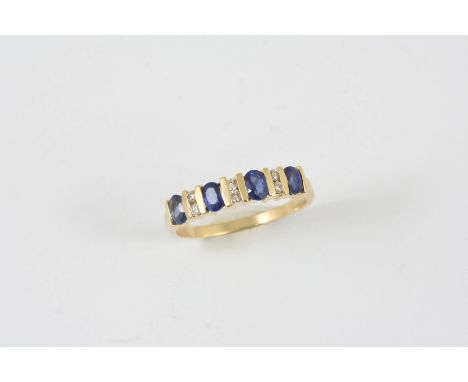 A SAPPHIRE AND DIAMOND RING set with oval-shaped sapphires and circular-cut diamonds, in gold. Size R.