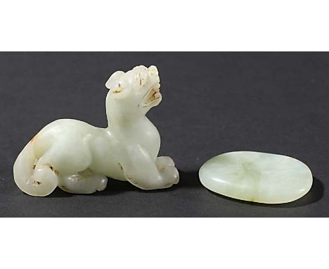 CHINESE PALE CELADON JADE CHILONG, seated with bifurcated tail, length 6.5cm; together with a Chinese celadon jade miniature 