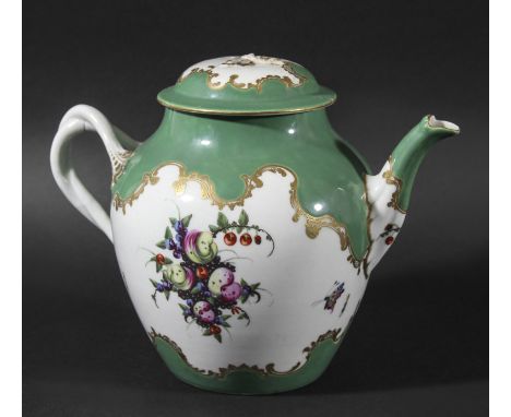 WORCESTER TEAPOT AND COVER, circa 1760-70, painted with fruit and flowers between apple green rims with tooled gilt scrolling