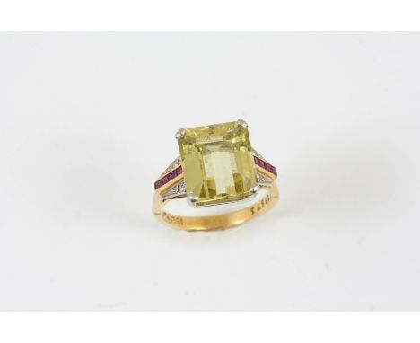 A CITRINE, RUBY AND DIAMOND DRESS RING the step-cut citrine is set with four calibre-cut rubies and two circular-cut diamonds