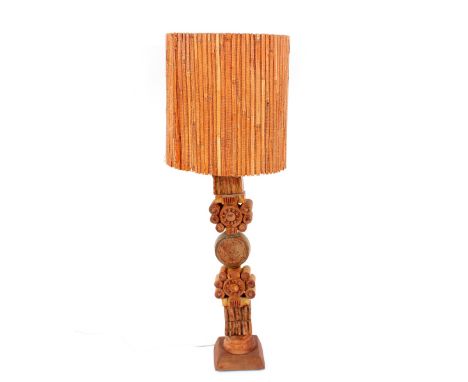 A Bernard Rooke pottery seven section floor lamp, stamped Rooke, with straw work shade, 120cm overall