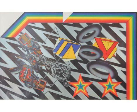 A framed and glazed Alan Jones Modern Art poster, 46cm x 73cm; and a Peter Phillips Modern Art poster 50cm x 75cm 