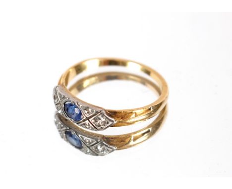 An Art Deco yellow and white metal ring set single sapphire and diamonds, ring size Q, approx. 3gms total weight 